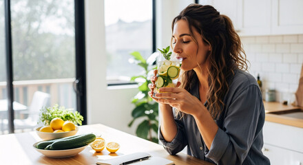 Woman enjoying cucumber water in a bright kitchen setting.