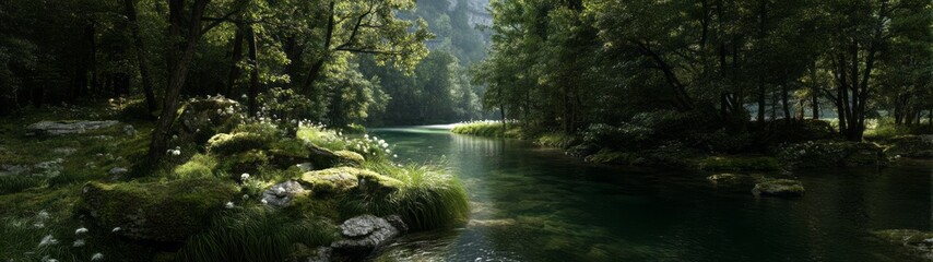 Obraz premium Serene river bend surrounded by lush trees hdr panorama tranquil nature environment vibrant perspective