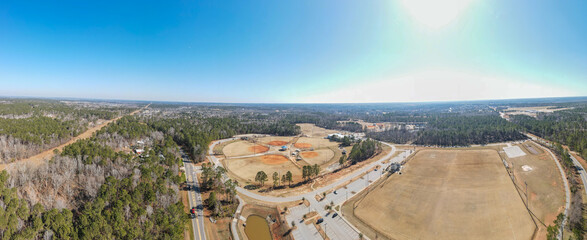 Aerial landscape of Patriots Park Grovetown winter after Hurricane Helene Augusta Georgia