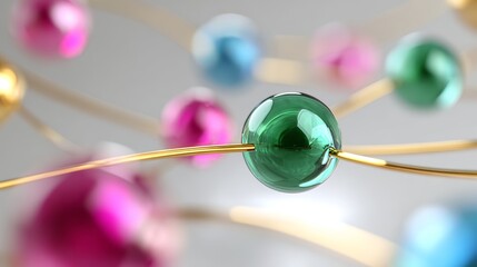 Colorful spheres interconnected by golden wires representing network and communication