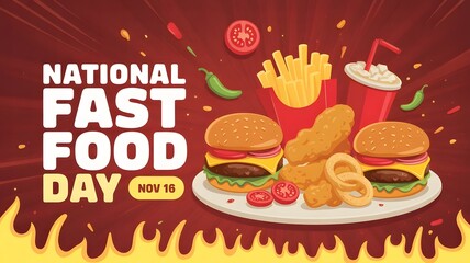 Celebrate National Fast Food Day with delicious burgers, crispy fries, tasty pizzas, fried chicken, soft drinks, and more favorite fast food treats on November 16.