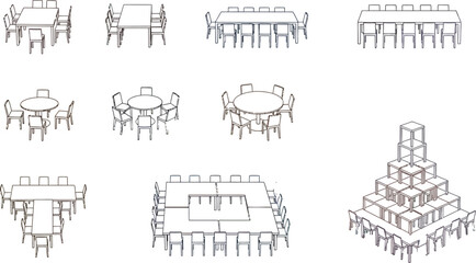 Obraz premium Collection of various table and chair arrangements for events and meetings