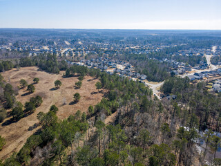 Aerial landscape of Patriots Park Grovetown winter after Hurricane Helene Augusta Georgia