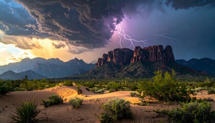 Dramatic desert landscape with storm clouds