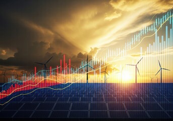 Renewable energy sources like solar panels and wind turbines are depicted with a rising stock market graph overlay, symbolizing financial growth and investment in green technology