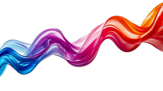 A single wave of glossy ribbon blends purple through pink into orange, a smooth satin curve riding across white as color shifts and light glints along the edge