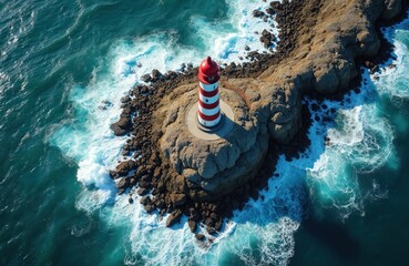Aerial view of red and white striped lighthouse on rocky island. Blue ocean waves crash against shore. Coastal landscape with dramatic sea and rugged terrain. Beacon guides ships near rocky bay.