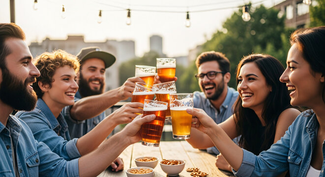 A group of happy young friends in denim shirts toasting with glasses of beer at an outdoor patio during sunset.