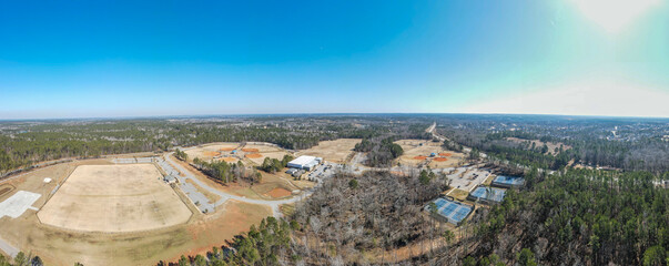 Aerial landscape of Patriots Park Grovetown winter after Hurricane Helene Augusta Georgia