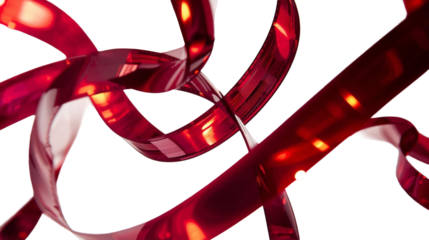 Glossy red ribbons loop and cross in close view, satin strips curling over a bright white backdrop as reflective edges catch the light and the strands weave together in a lively, airy tangle