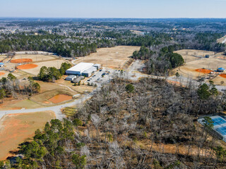 Aerial landscape of Patriots Park Grovetown winter after Hurricane Helene Augusta Georgia