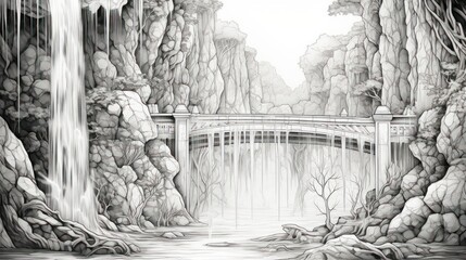 Fototapeta premium Pencil sketch waterfall bridge landscape