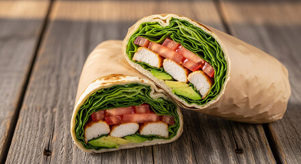 A chicken wrap cut in half, showing the ingredients inside, on a wooden surface.
