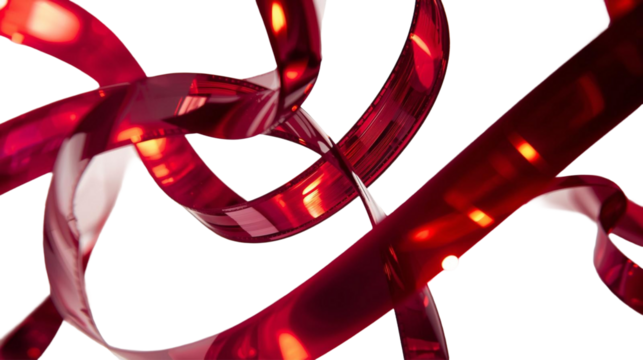 Glossy red ribbons loop and cross in close view, satin strips curling over a bright white backdrop as reflective edges catch the light and the strands weave together in a lively, airy tangle - Powered by Adobe