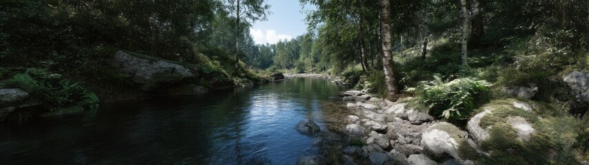 Breathtaking hdri panoramic view of an exported river bend surrounded by lush trees in nature's tranquil environment