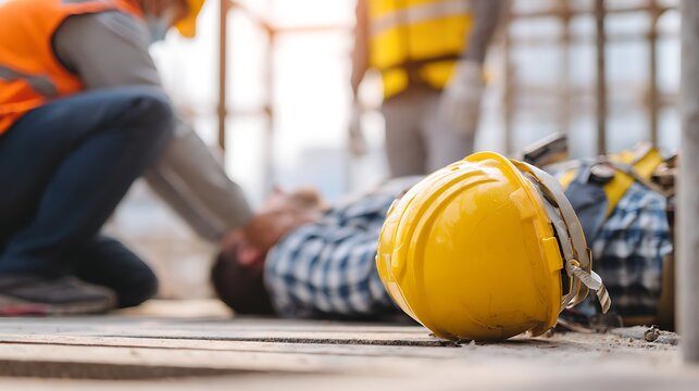 Awesome photo of construction worker injured on site with first aid being administered.
