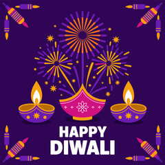 Happy Diwali night, glowing lamps on purple, fireworks bursts, festive sparkle accents, modern holiday poster, decorative vector illustration