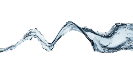 An elegant arc of water rises and falls against white, a clear splash captured mid-curve as bright droplets hang in the air and the stream draws a smooth, lively wave