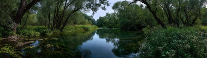 Obraz premium Serene river bend surrounded by lush trees hdr panorama tranquil nature scenic environment