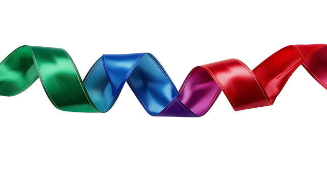 Three glossy ribbons—green to blue, purple, and red—twist in clean arcs across a white field, a simple, colorful curl of satin with crisp edges and soft shadows