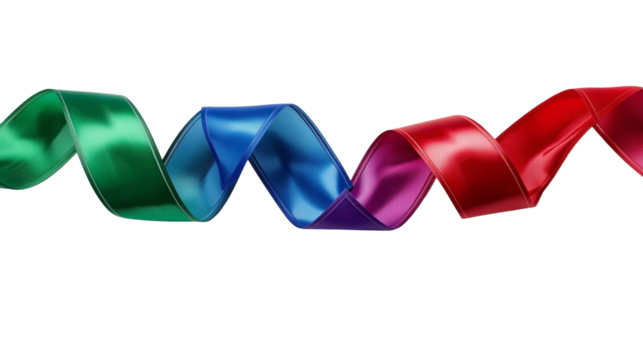 Three glossy ribbons—green to blue, purple, and red—twist in clean arcs across a white field, a simple, colorful curl of satin with crisp edges and soft shadows