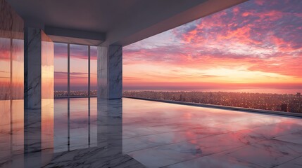 Awesome photo of modern architecture with a rooftop terrace overlooking the city at sunset.