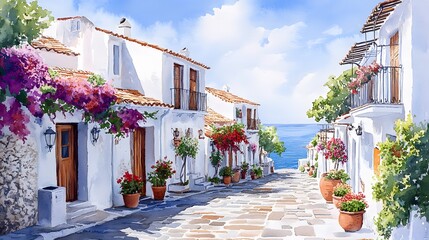 Obraz premium Mediterranean Coastal Village Watercolor Collection – Colorful Seaside Houses and Streets