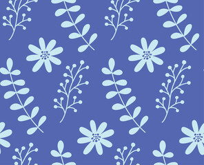 Seamless floral background in blue colors. Cute pattern with flowers and leaves 