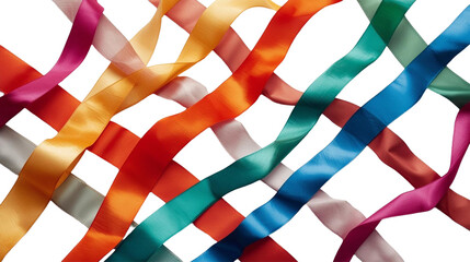 Interlaced satin ribbons in teal, blue, red, and warm orange weave across a white backdrop, glossy strands drifting and crossing like airy streamers in gentle studio light