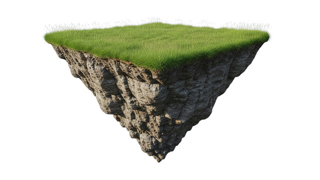 Isolated floating island with green grass and rock cliff landscape for game design and nature scene on transparent background