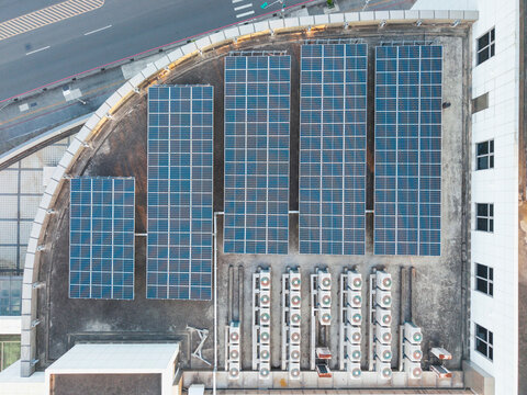 Aerial Rooftop Solar Panel Array HVAC Installation View
