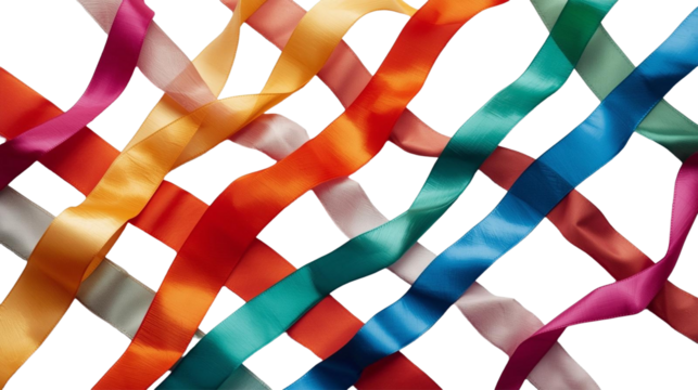Interlaced satin ribbons in teal, blue, red, and warm orange weave across a white backdrop, glossy strands drifting and crossing like airy streamers in gentle studio light