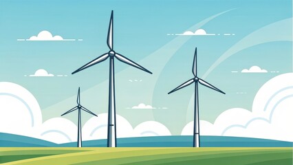 Fototapeta premium Wind turbine farm in a green field with blue sky isolated on white background
