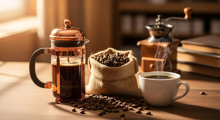 Coffee in French Press, beans, grinder, and cup.