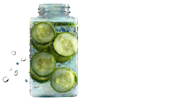 Teal water texture in glass bottle with green cucumber slices and bright lighting suits branding, social media, or product display.