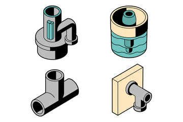Isometric View of Various Plumbing Connectors and Valves Depicting Different Types of Fittings for Piping Systems