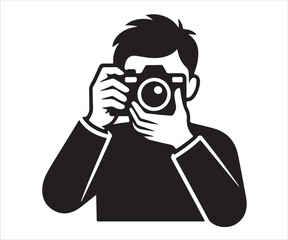 Black silhouette of photographer holding camera isolated on white background, simple vector illustration for photography, studio, hobby, profession, creative design, media, journalism, and art use