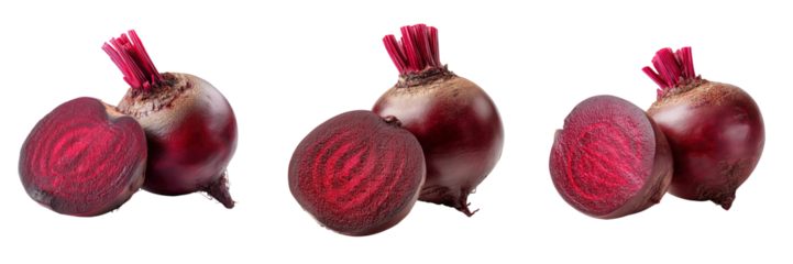 Three whole beets and three beet halves with vibrant red interiors and green tops isolated on a transparent background