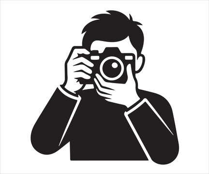 Black silhouette of photographer holding camera isolated on white background, simple vector illustration for photography, studio, hobby, profession, creative design, media, journalism, and art use - Powered by Adobe