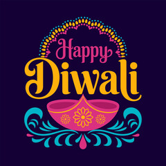 Happy Diwali ornate typography, luminous lamp icon, dark royal background, elegant holiday greeting card, luxury celebration design, vector