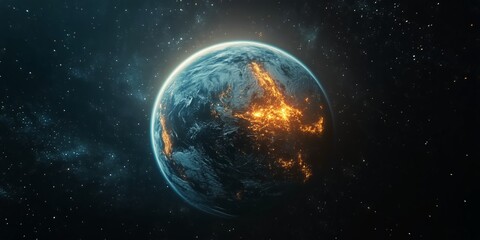 Obraz premium Planet Earth Illuminated by Fiery Eruptions in Space at Night