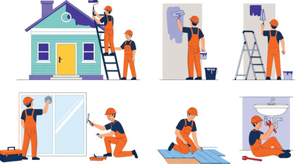 Obraz premium Skilled workers meticulously renovating and repairing a house, showcasing various home improvement tasks.
