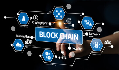 A digital visualization showcasing blockchain technology, highlighting elements such as security, cryptography, and network components in an engaging design. Tessel