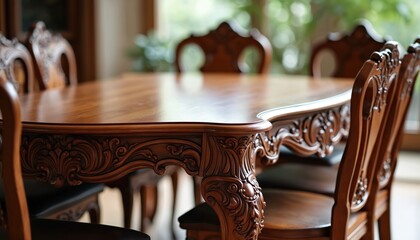 Elegant carved wood dining set featuring polished brown table, ornate chairs. Rich dark wood grain with intricate hand detailing. Classic traditional rustic decor element for home interiors, cafes,