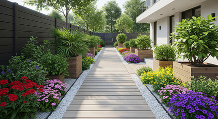 Naklejka premium A beautifully landscaped walkway, adorned with vibrant flower beds and potted plants, leading towards a modern building. The scene is bathed in natural light.