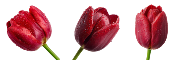 Three deep red tulips with water droplets on petals isolated on a transparent background flower bloom