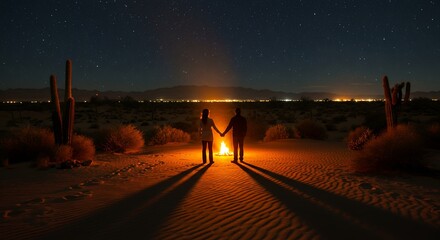 Couple by campfire night desert