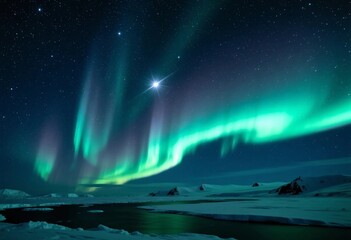 Naklejka premium Vivid northern lights dance across the starry sky over the tundra, casting an enchanting glow on the snow covered landscape during the festive holiday season Generative AI