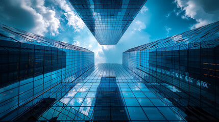 Skyscrapers with City, Blue Glass, and Sky.