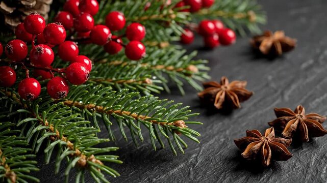 Festive Christmas Background with Pine, Berries, and Star Anise - A close-up shot showcases fresh pine branches adorned with vibrant red berries, artfully arranged alongside star anise on a dark